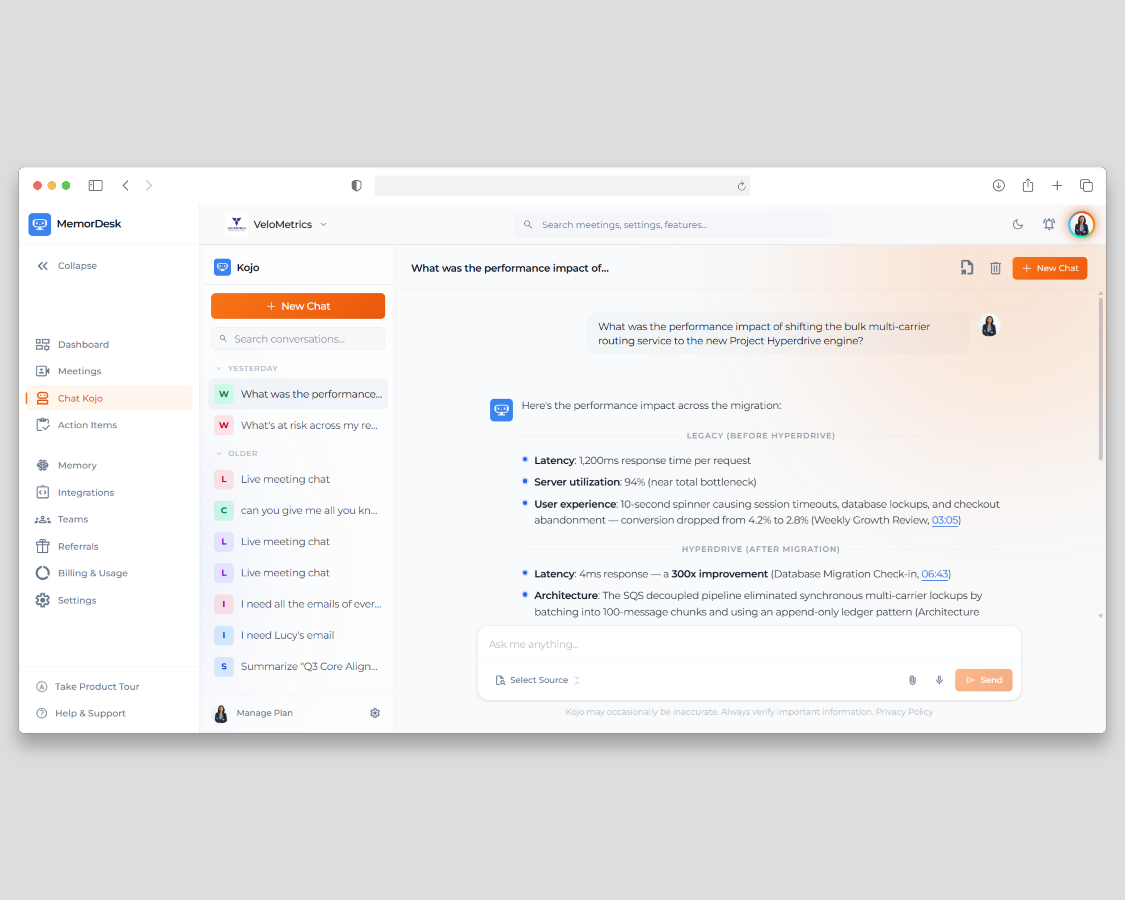 MemorDesk Kojo AI chat assistant interface