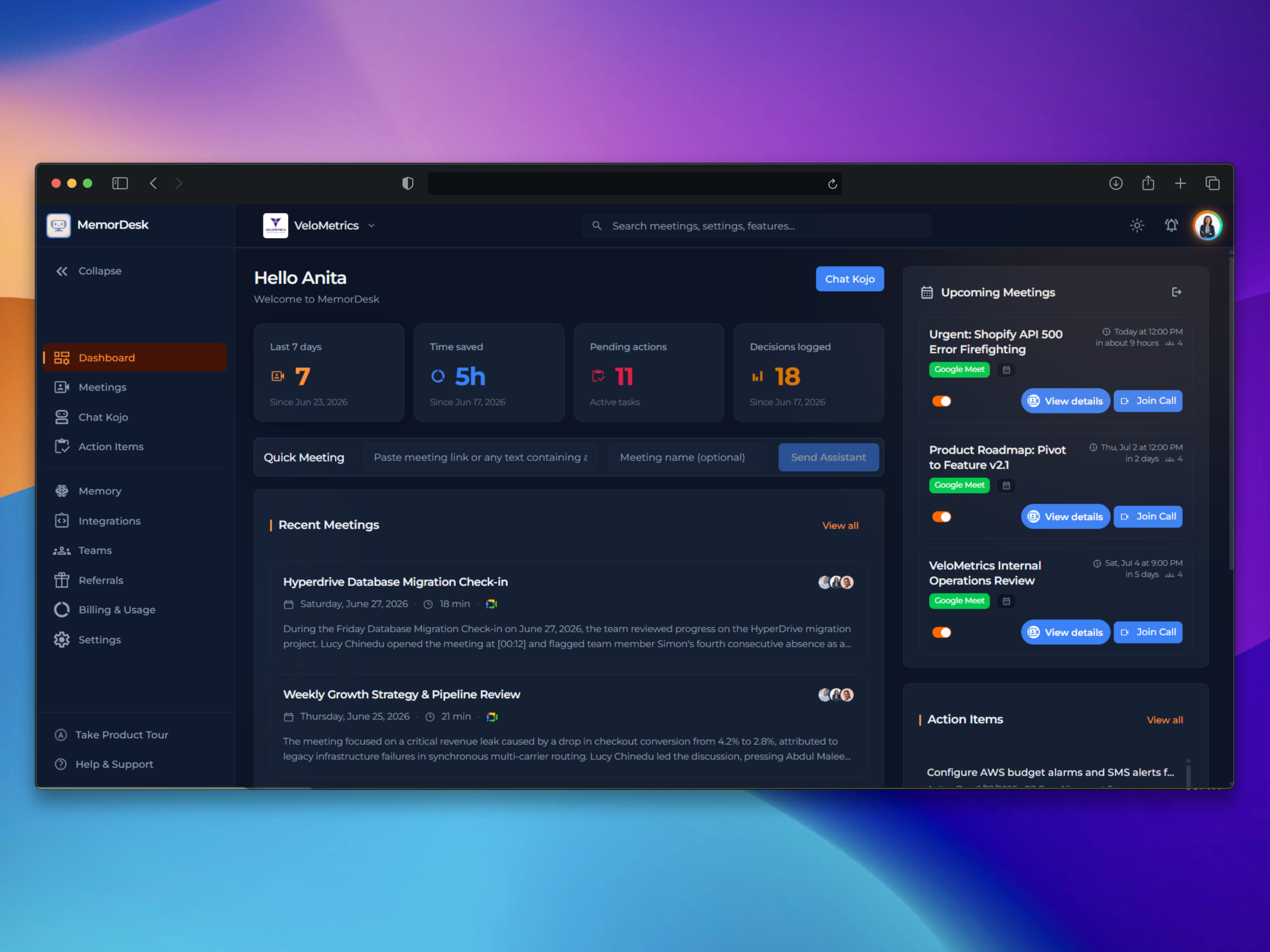 MemorDesk dashboard in dark mode