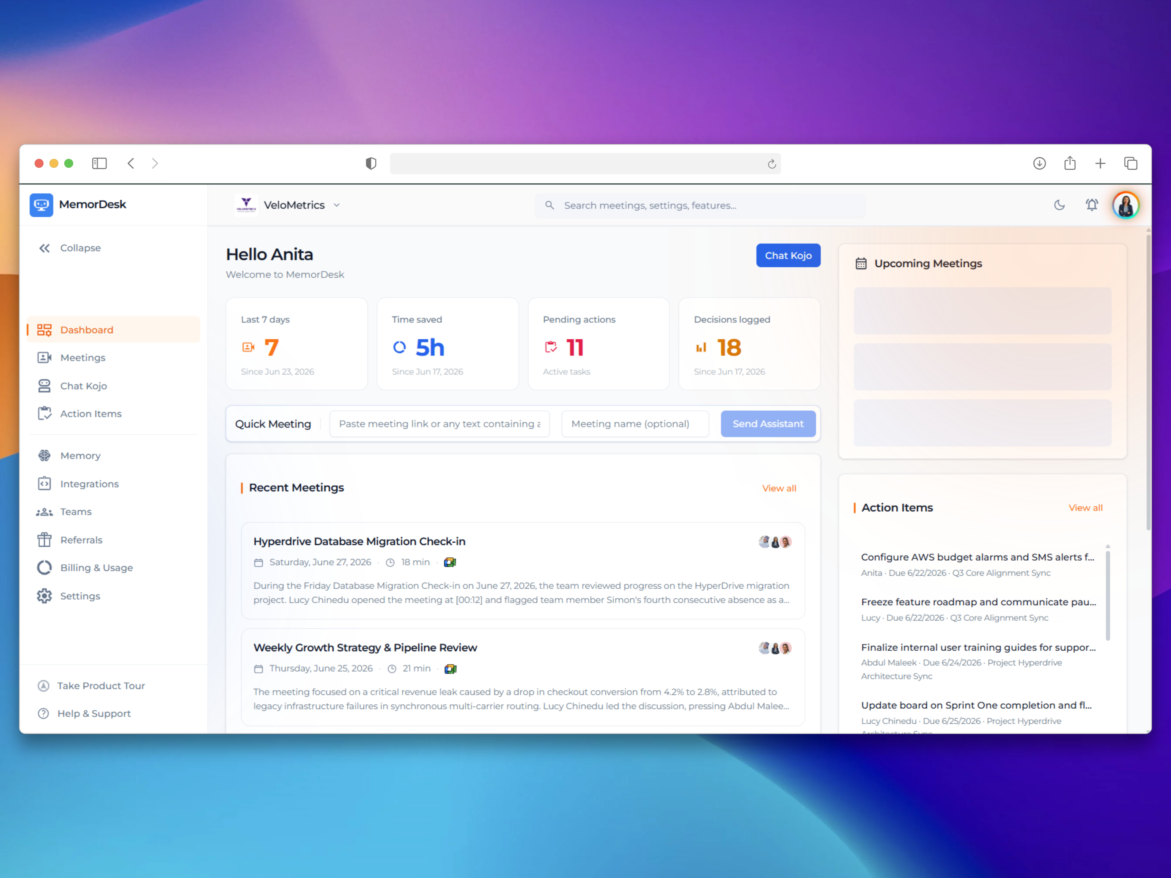 MemorDesk dashboard showing meeting summaries and action items